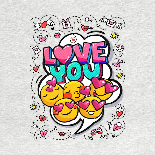 Love you word bubble. Message in pop art comic style with hand drawn hearts and emoji smiles. by amramna